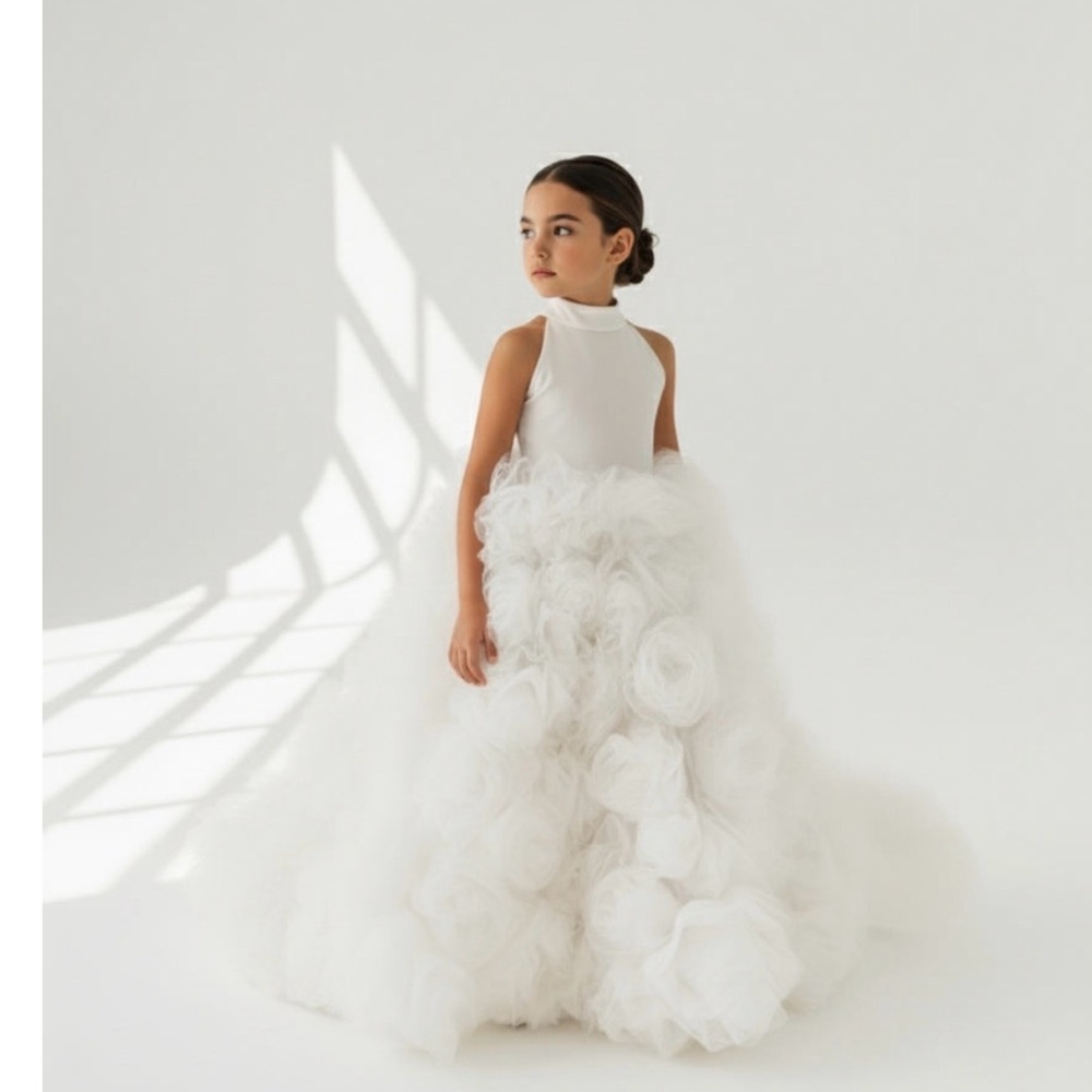 White Tulle Floral Ball Gown Flower Girl Dress - Picture 2 of 4